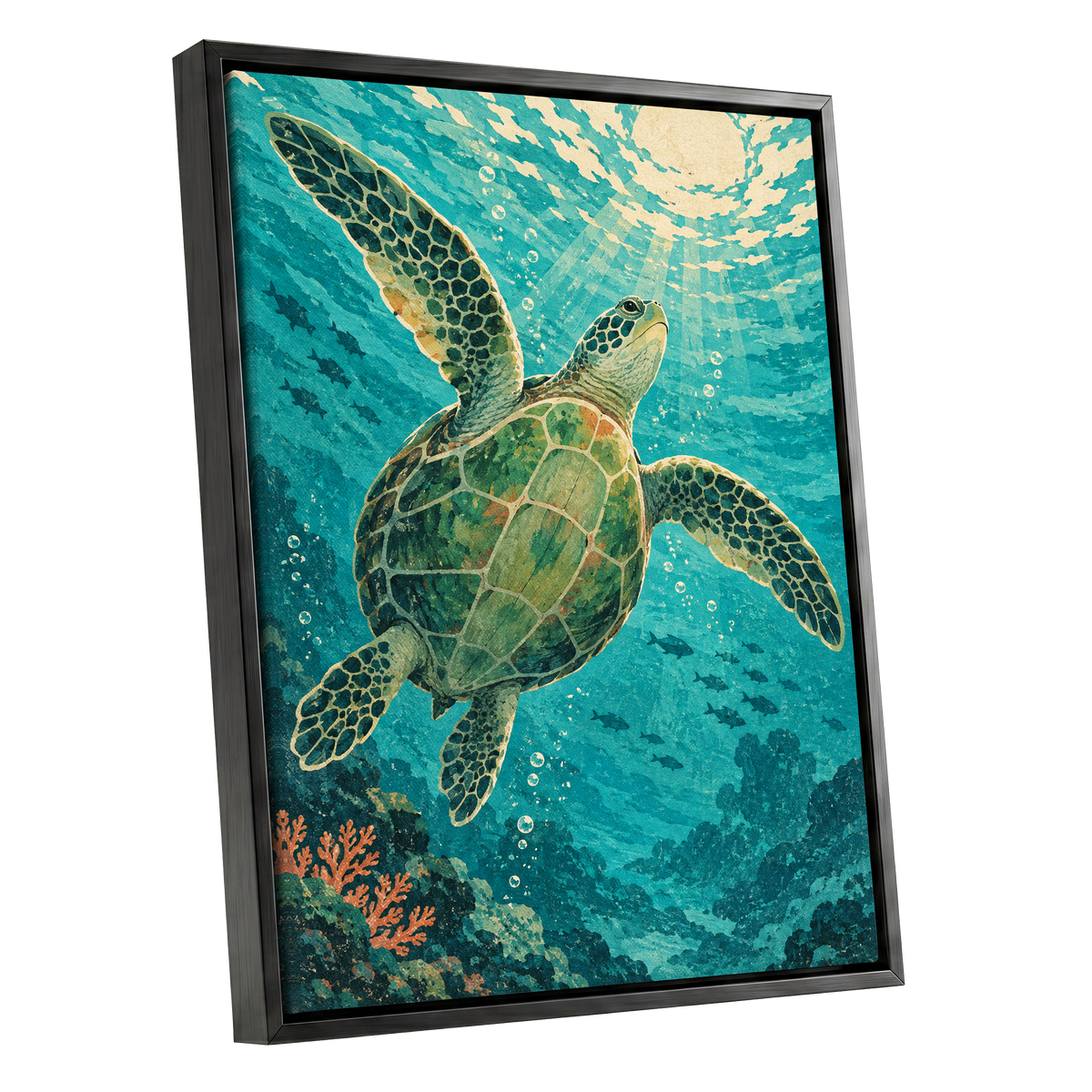 Sunward Sea Turtle, blue, green, beige nature wall art shown as a black framed canvas wall art