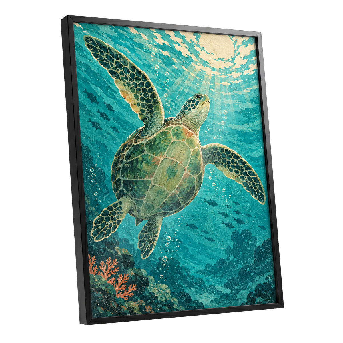 Sunward Sea Turtle, blue, green, beige nature wall art shown as a black framed poster wall art print