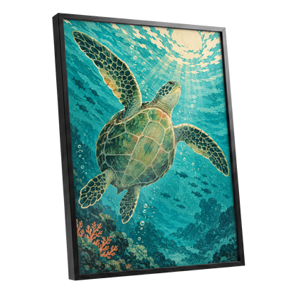 Sunward Sea Turtle, blue, green, beige nature wall art shown as a black framed poster wall art print