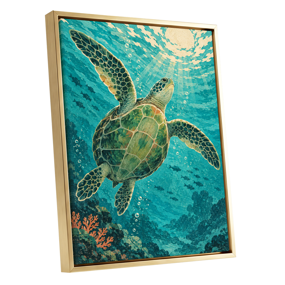 Sunward Sea Turtle, blue, green, beige nature wall art shown as a gold framed canvas wall art