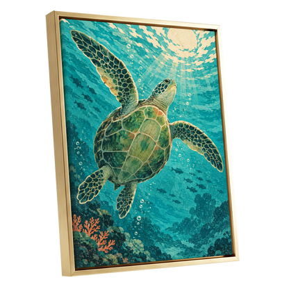 Sunward Sea Turtle, blue, green, beige nature wall art shown as a gold framed canvas wall art