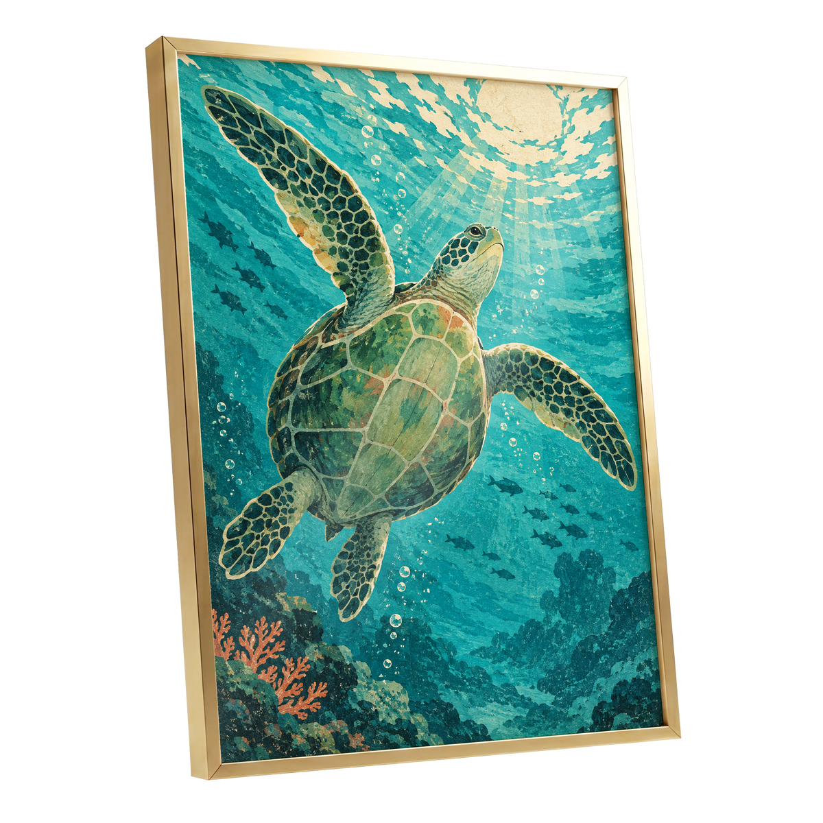 Sunward Sea Turtle, blue, green, beige nature wall art shown as a gold framed poster wall art print
