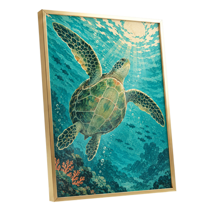 Sunward Sea Turtle, blue, green, beige nature wall art shown as a gold framed poster wall art print