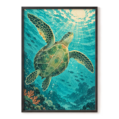Sunward Sea Turtle, blue, green, beige nature wall art, front artwork view