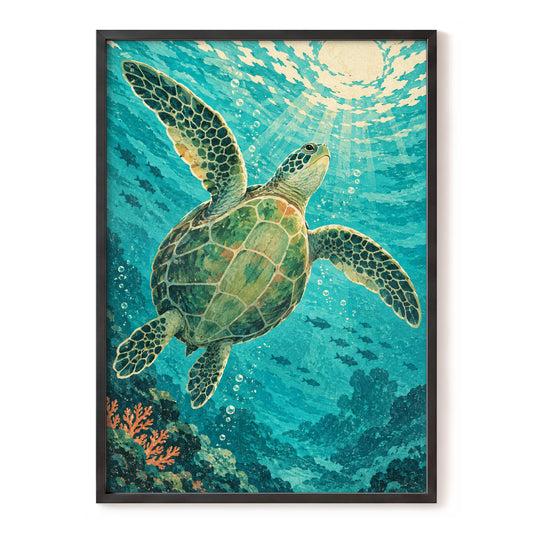 Sunward Sea Turtle, blue, green, beige nature wall art, front artwork view