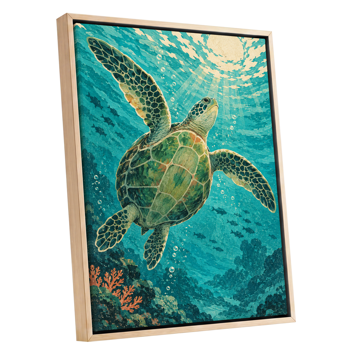 Sunward Sea Turtle, blue, green, beige nature wall art shown as a oak framed canvas wall art