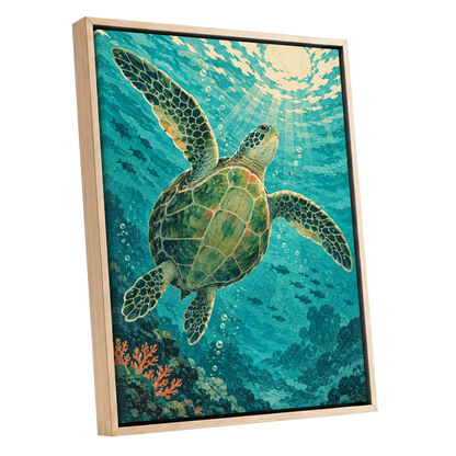 Sunward Sea Turtle, blue, green, beige nature wall art shown as a oak framed canvas wall art