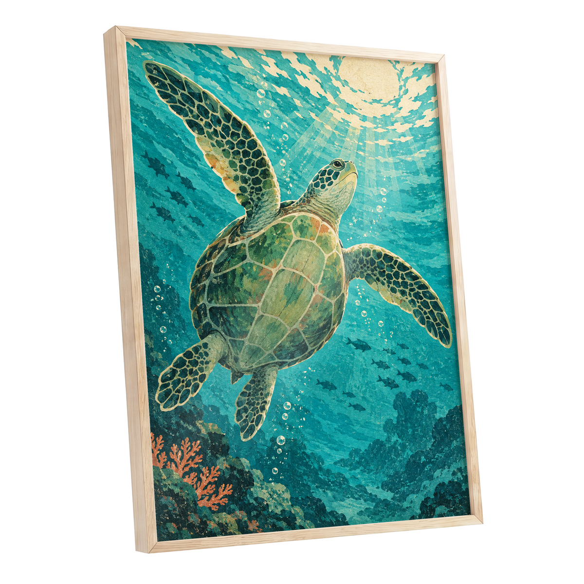 Sunward Sea Turtle, blue, green, beige nature wall art shown as a oak framed poster wall art print