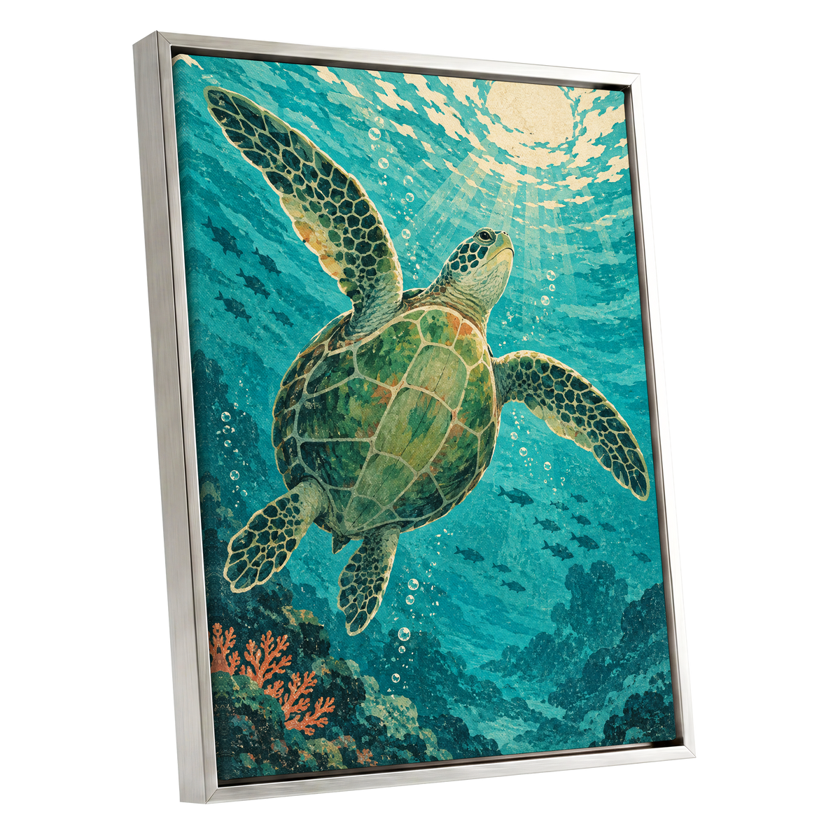 Sunward Sea Turtle, blue, green, beige nature wall art shown as a silver framed canvas wall art