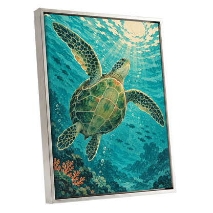 Sunward Sea Turtle, blue, green, beige nature wall art shown as a silver framed canvas wall art