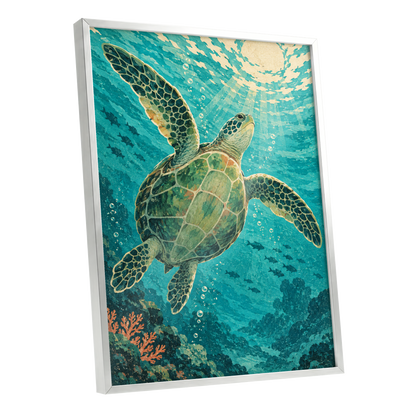 Sunward Sea Turtle, blue, green, beige nature wall art shown as a silver framed poster wall art print