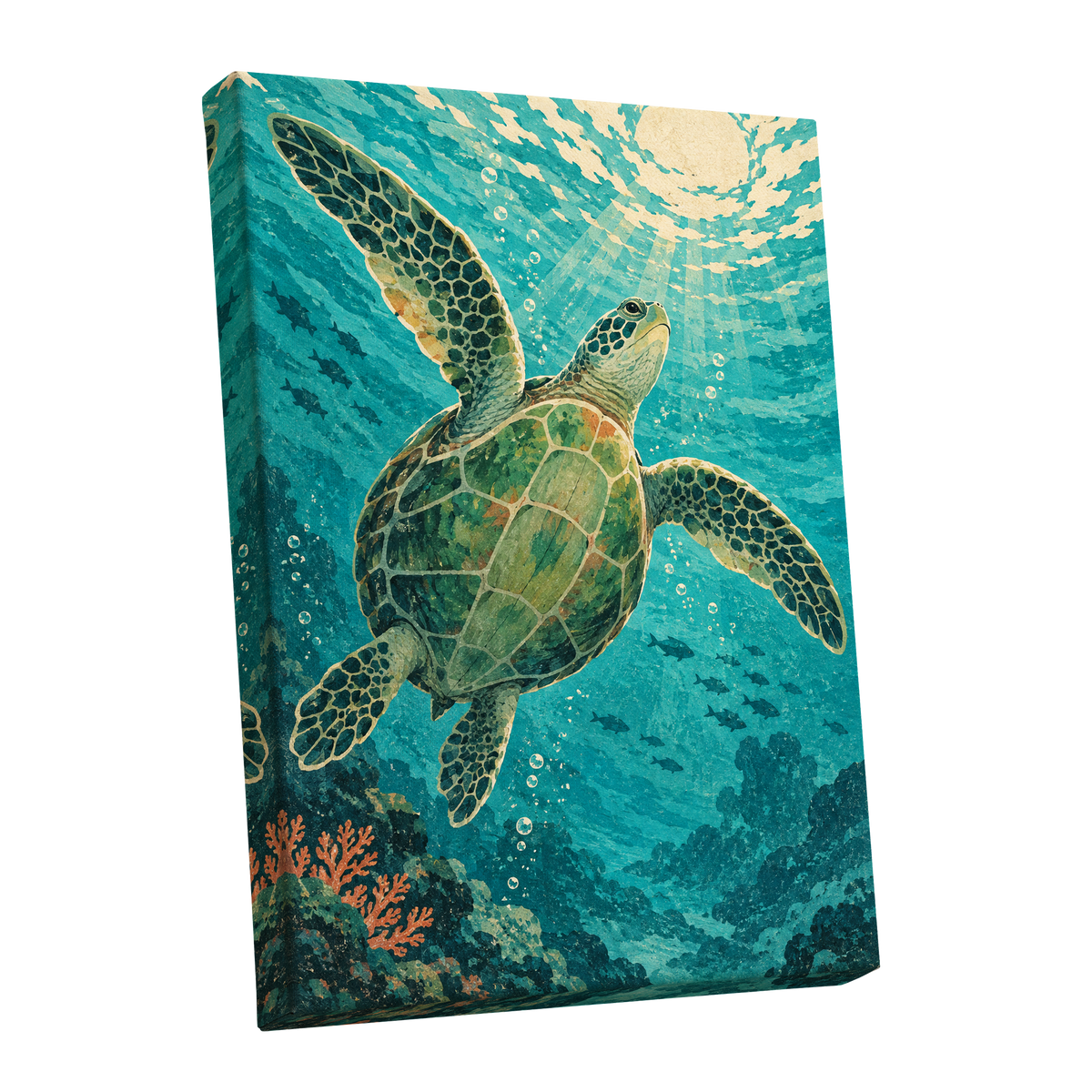 Sunward Sea Turtle, blue, green, beige nature wall art shown as a stretched canvas wall art