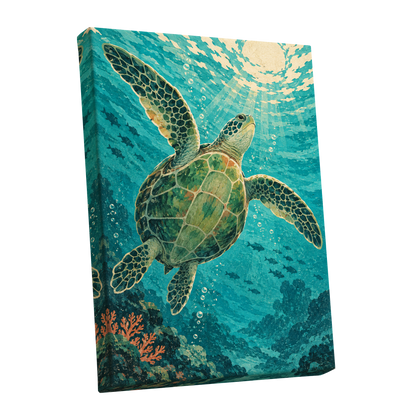 Sunward Sea Turtle, blue, green, beige nature wall art shown as a stretched canvas wall art