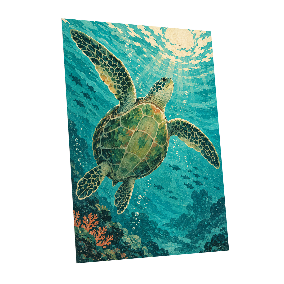 Sunward Sea Turtle, blue, green, beige nature wall art shown as a unframed poster wall art print