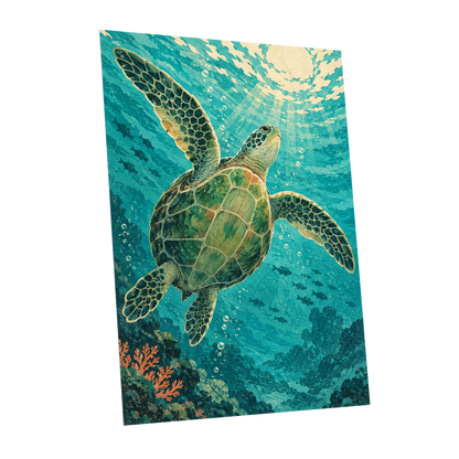 Sunward Sea Turtle, blue, green, beige nature wall art shown as a unframed poster wall art print