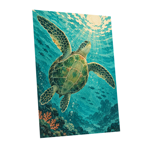 Sunward Sea Turtle, blue, green, beige nature wall art shown as a unframed poster wall art print