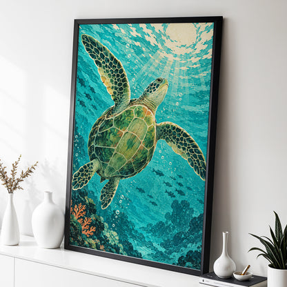 Sunward Sea Turtle, blue, green, beige nature wall art displayed in a styled interior, gallery view 2