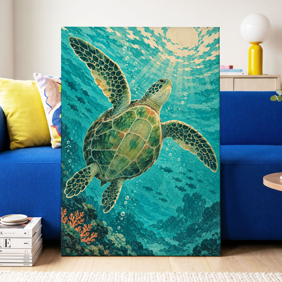 Sunward Sea Turtle, blue, green, beige nature wall art displayed in a styled interior, gallery view 3