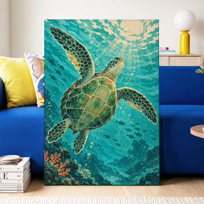 Sunward Sea Turtle, blue, green, beige nature wall art displayed in a styled interior, gallery view 3