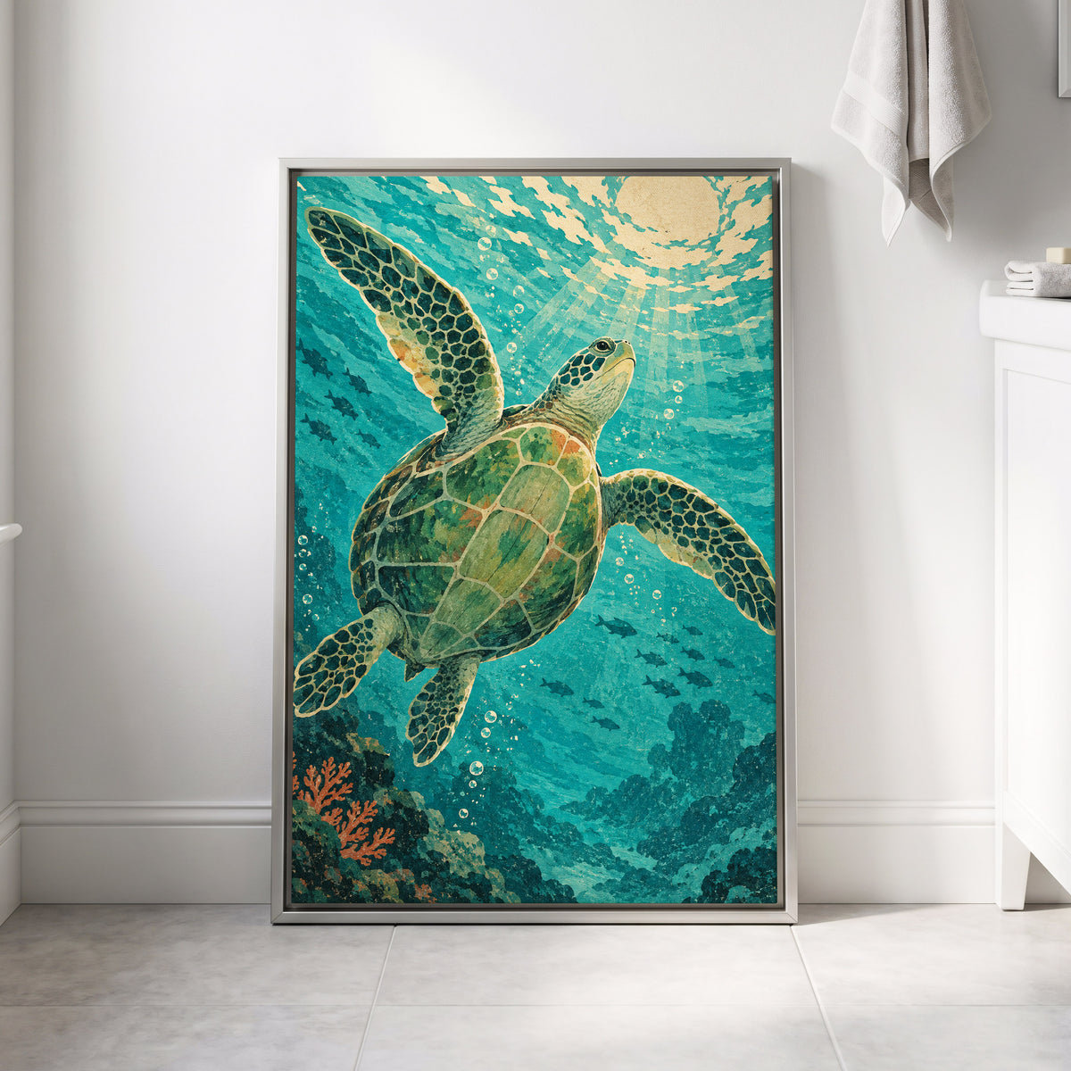 Sunward Sea Turtle, blue, green, beige nature wall art displayed in a styled interior, gallery view 4