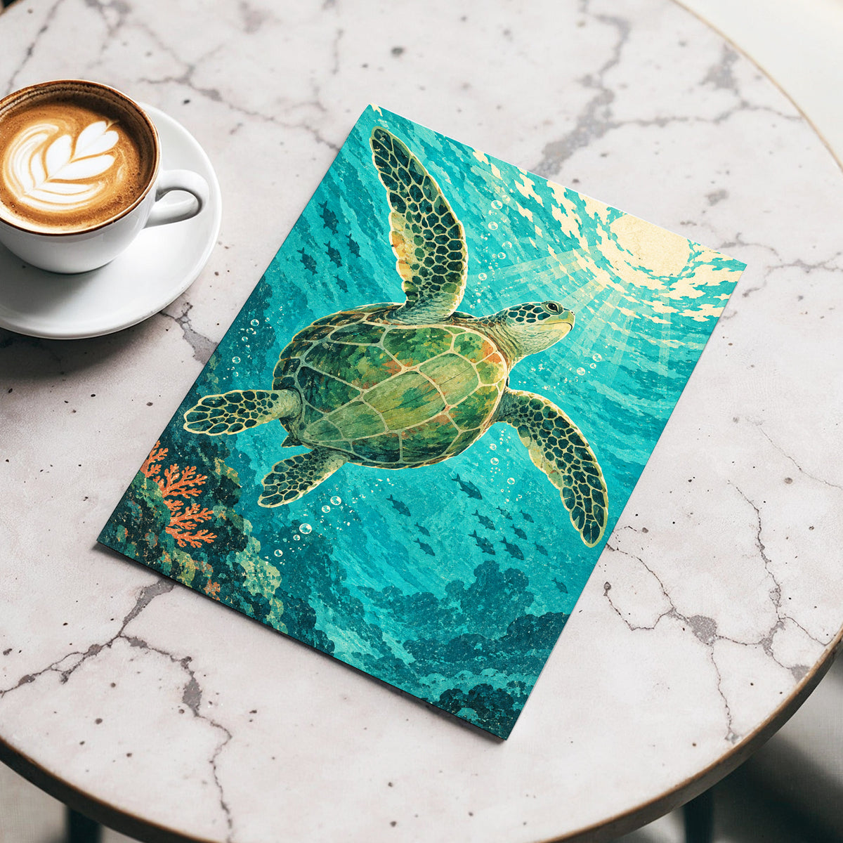 Sunward Sea Turtle, blue, green, beige nature wall art displayed in a styled interior, gallery view 5