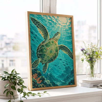Sunward Sea Turtle, blue, green, beige nature wall art displayed in a styled interior, gallery view 6