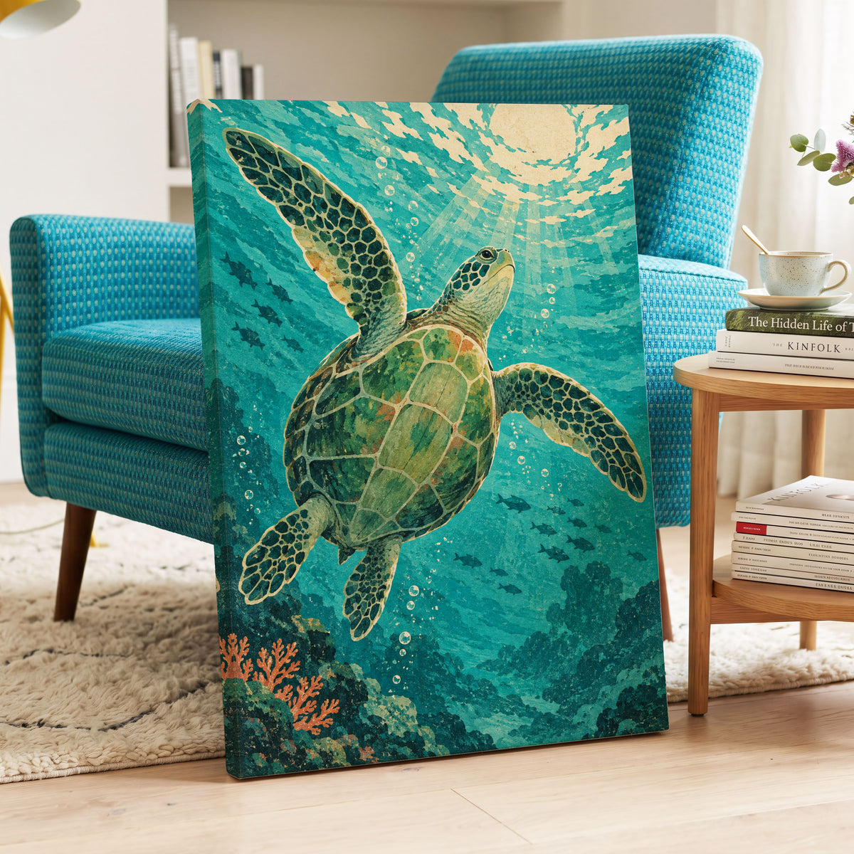 Sunward Sea Turtle, blue, green, beige nature wall art displayed in a styled interior, gallery view 7