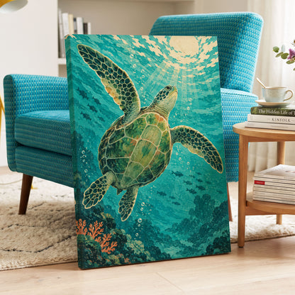 Sunward Sea Turtle, blue, green, beige nature wall art displayed in a styled interior, gallery view 7