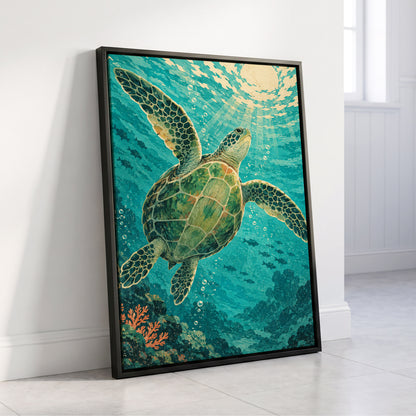 Sunward Sea Turtle, blue, green, beige nature wall art displayed in a styled interior, gallery view 8