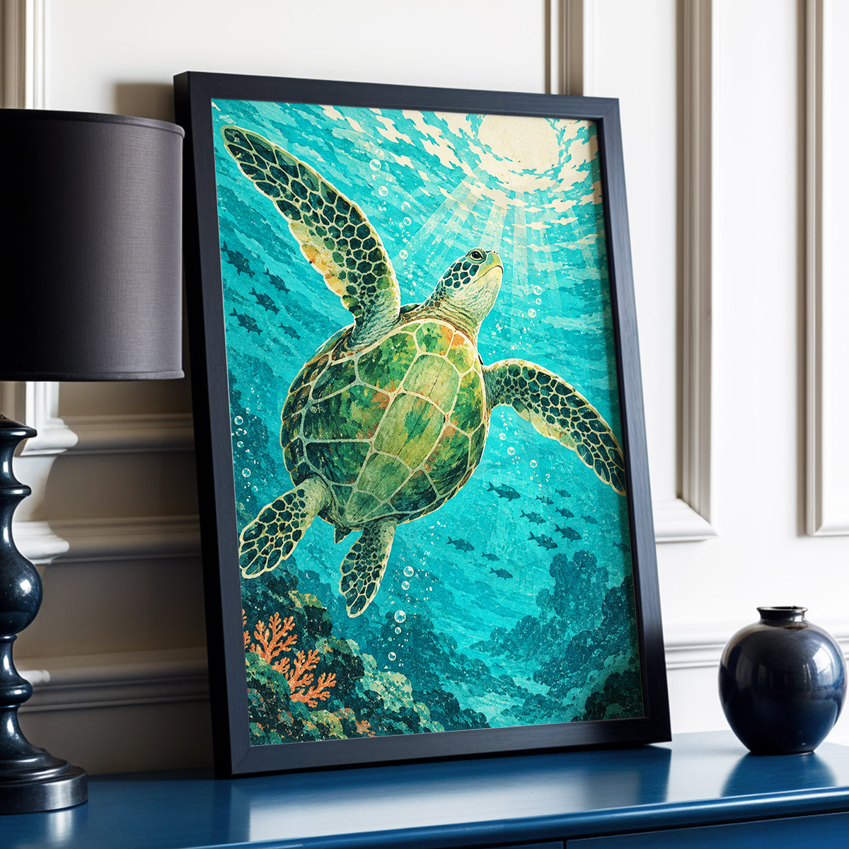 Sunward Sea Turtle, blue, green, beige nature wall art displayed in a styled interior, gallery view 9