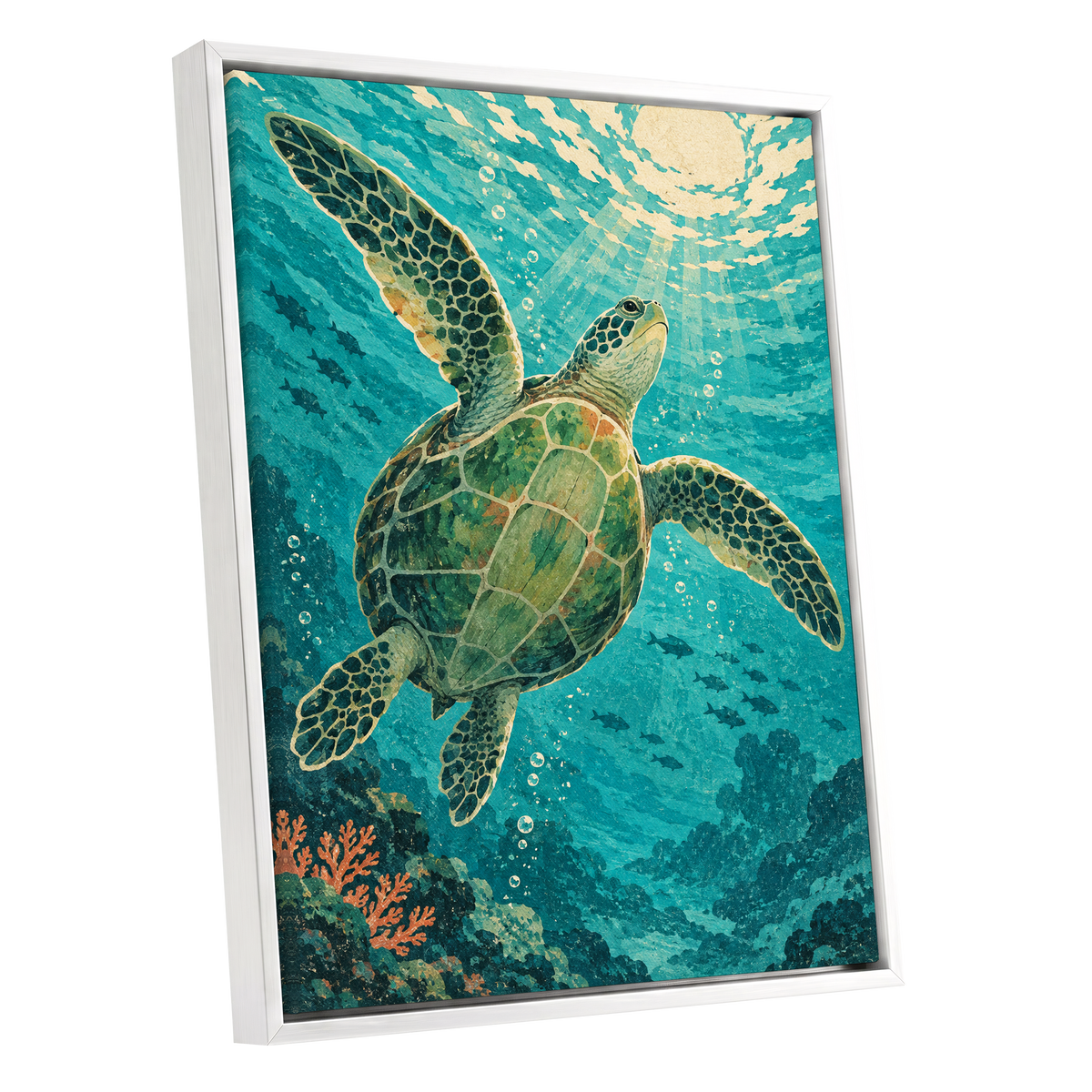 Sunward Sea Turtle, blue, green, beige nature wall art shown as a white framed canvas wall art