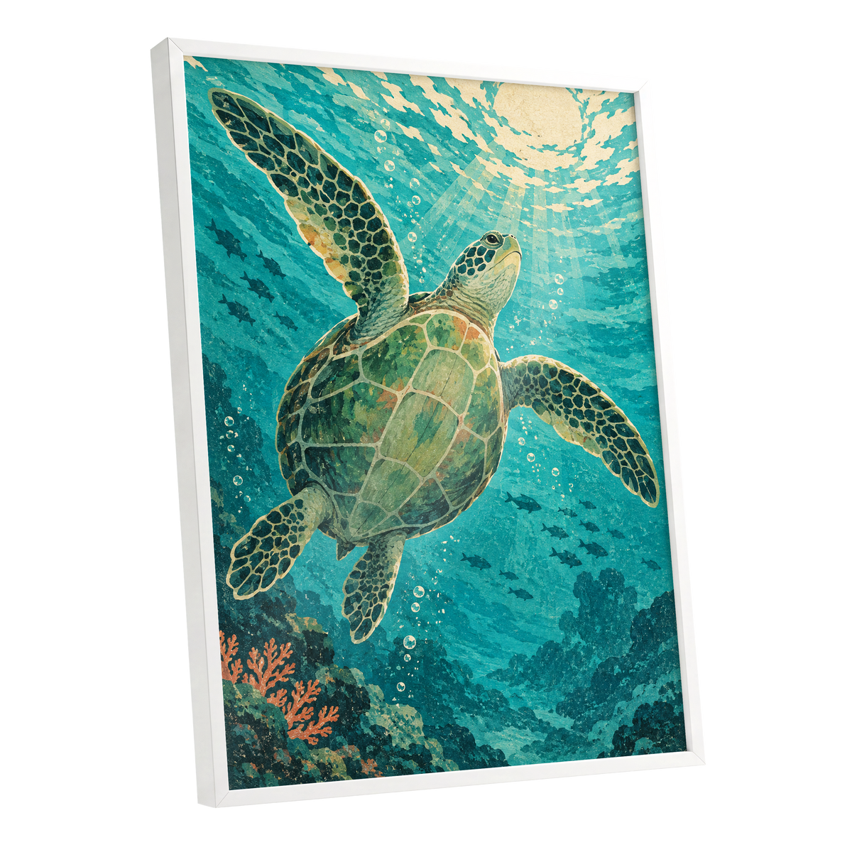 Sunward Sea Turtle, blue, green, beige nature wall art shown as a white framed poster wall art print