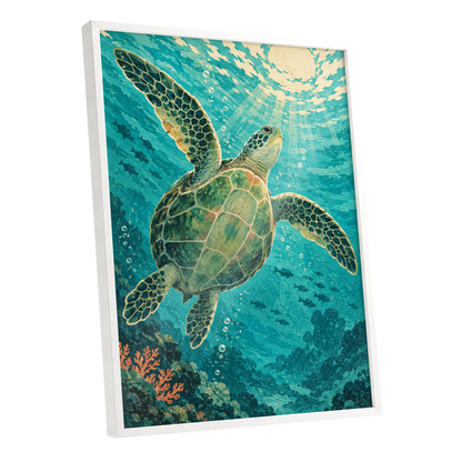 Sunward Sea Turtle, blue, green, beige nature wall art shown as a white framed poster wall art print