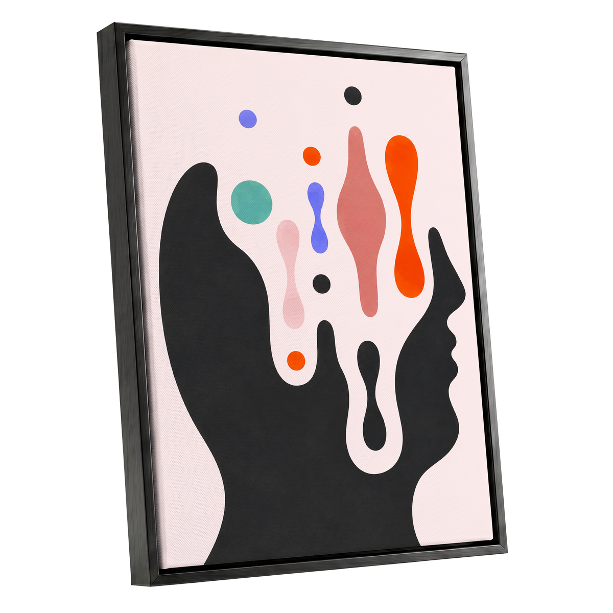 Suspended Colourplay, black, pink, orange abstract wall art shown as a black framed canvas wall art