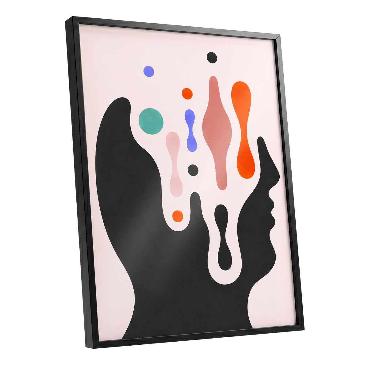 Suspended Colourplay, black, pink, orange abstract wall art shown as a black framed poster wall art print