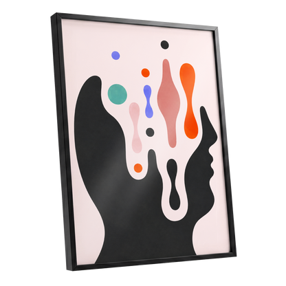 Suspended Colourplay, black, pink, orange abstract wall art shown as a black framed poster wall art print