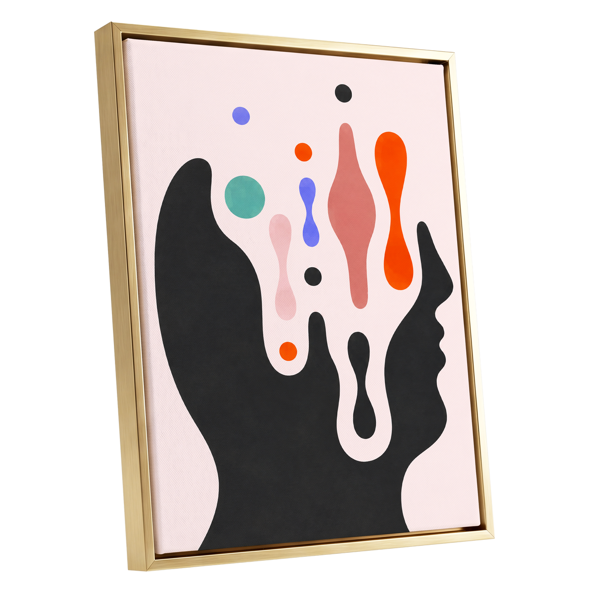 Suspended Colourplay, black, pink, orange abstract wall art shown as a gold framed canvas wall art