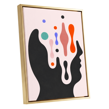 Suspended Colourplay, black, pink, orange abstract wall art shown as a gold framed canvas wall art