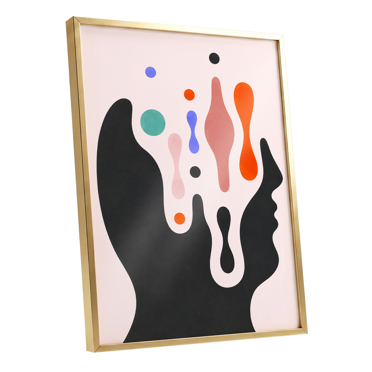 Suspended Colourplay, black, pink, orange abstract wall art shown as a gold framed poster wall art print
