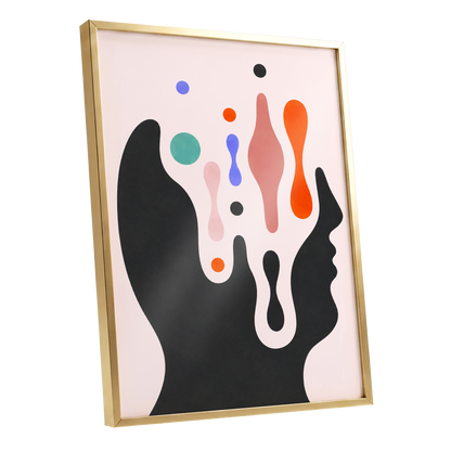 Suspended Colourplay, black, pink, orange abstract wall art shown as a gold framed poster wall art print