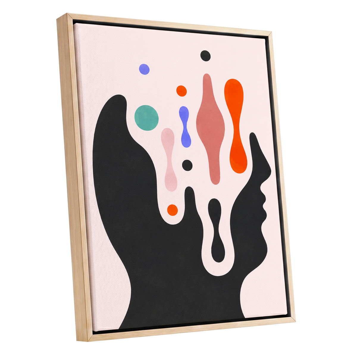 Suspended Colourplay, black, pink, orange abstract wall art shown as a oak framed canvas wall art