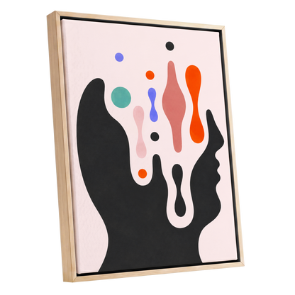Suspended Colourplay, black, pink, orange abstract wall art shown as a oak framed canvas wall art