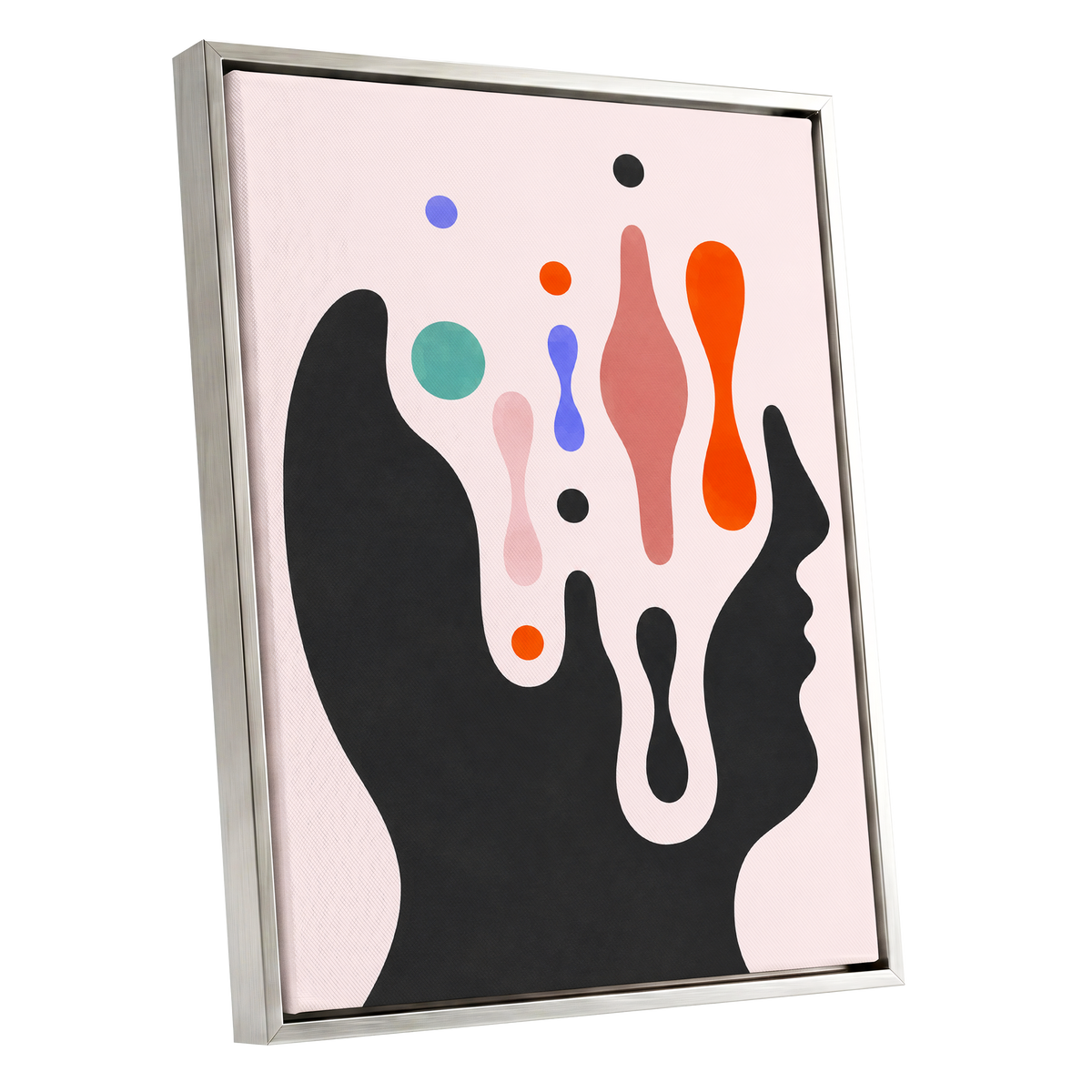 Suspended Colourplay, black, pink, orange abstract wall art shown as a silver framed canvas wall art