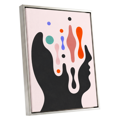 Suspended Colourplay, black, pink, orange abstract wall art shown as a silver framed canvas wall art