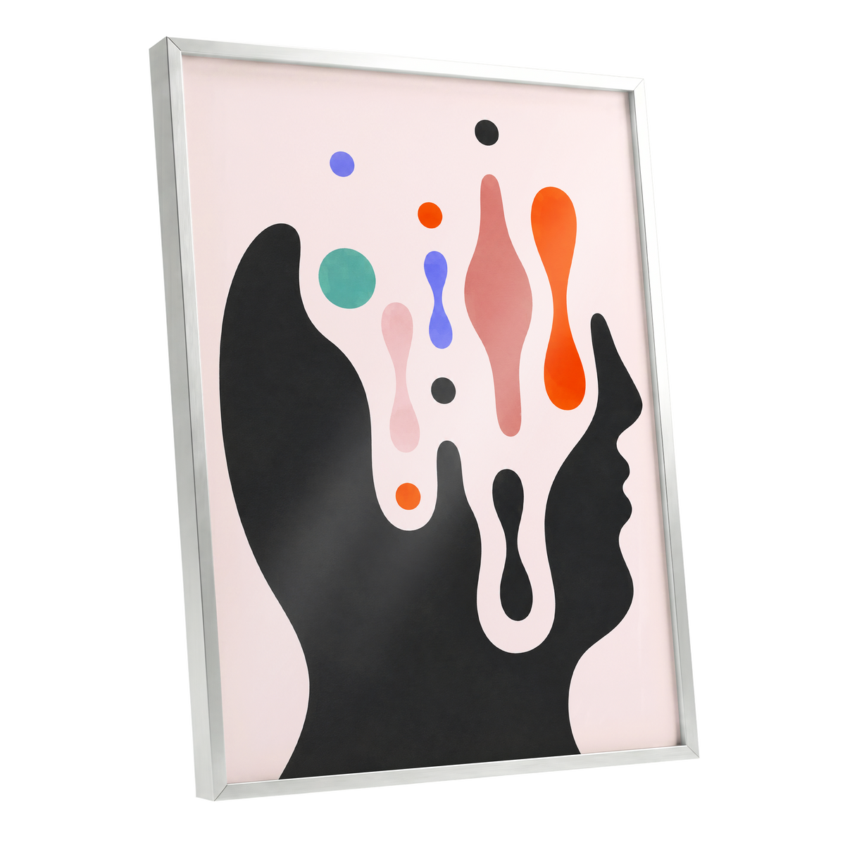 Suspended Colourplay, black, pink, orange abstract wall art shown as a silver framed poster wall art print