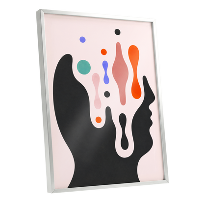 Suspended Colourplay, black, pink, orange abstract wall art shown as a silver framed poster wall art print