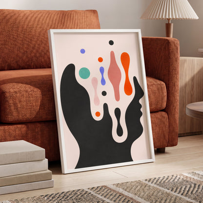 Suspended Colourplay, black, pink, orange abstract wall art displayed in a styled interior, gallery view 2
