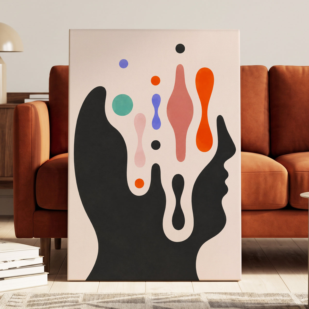 Suspended Colourplay, black, pink, orange abstract wall art displayed in a styled interior, gallery view 3
