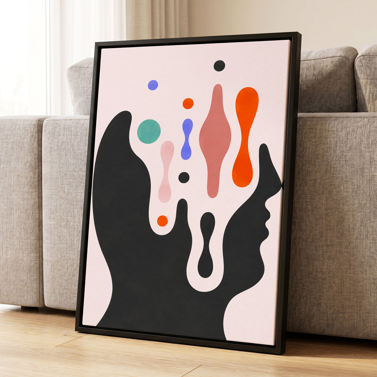 Suspended Colourplay, black, pink, orange abstract wall art displayed in a styled interior, gallery view 4