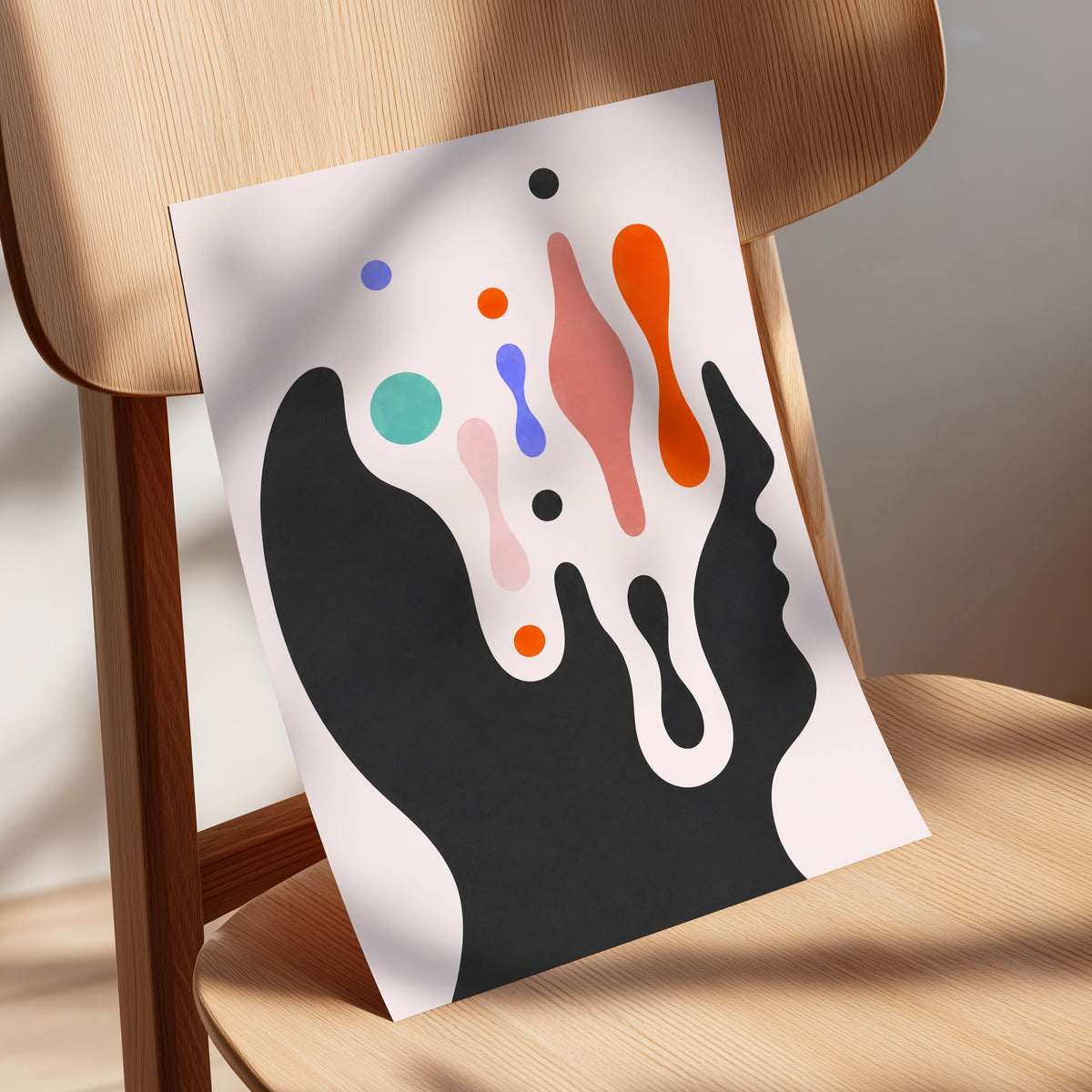 Suspended Colourplay, black, pink, orange abstract wall art displayed in a styled interior, gallery view 5